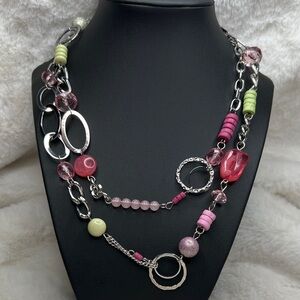 Christopher & Banks 38” Long Pink and Silver Necklace with Lime Accents